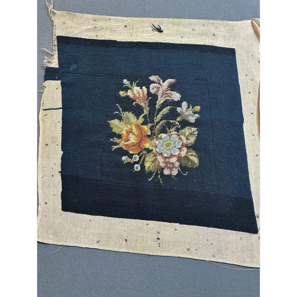 Vintage Older Fine Handmade Completed Floral Needlepoint Unframed 16" x 16"
